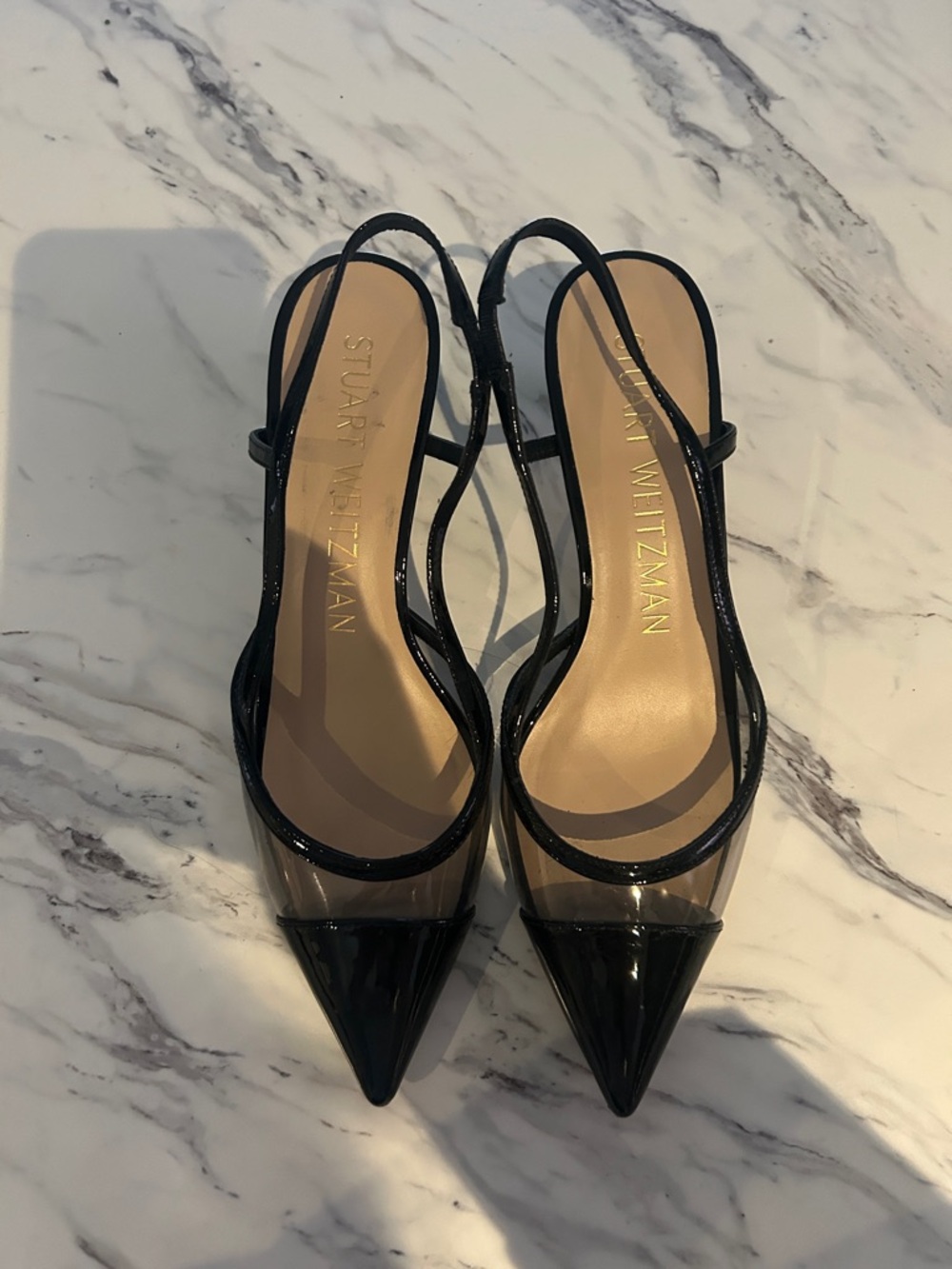 Stuart Weitzman Black Patent and Clear Pointed Slingback Pumps